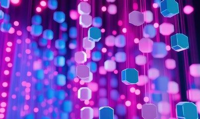 Poster - Abstract glowing hexagons falling, vibrant background, digital art, website banner