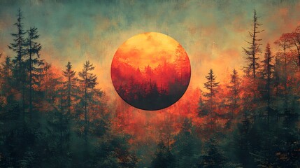 Poster - A surreal illustration of trees against a glowing orb evokes a sense of wonder. Artistic renderings blend earth tones and abstract elements to create an otherworldly view.