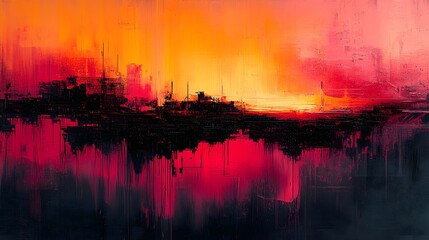 Poster - An abstract painting featuring a vivid sunset palette with a textured black silhouette resembling a cityscape. The painting evokes depth, mystery, and atmospheric intensity.