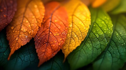 Poster - A macro shot showcases vibrant leaves, each graced with delicate water droplets, moving across a spectrum of autumnal colors offering a soothing natural autumn-themed background.