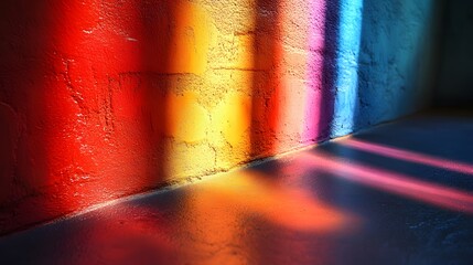 Poster - Colorful light streams across textured walls, creating a vibrant and abstract composition. The striking interplay of red, yellow, and blue hues provides depth and visual interest for backgrounds.