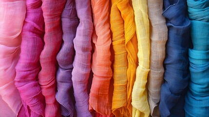 Poster - A vibrant array of colorful scarves, creating a textured rainbow effect. The soft fabric drapes gracefully, perfect for backgrounds, fashion layouts, or textile designs, creating a sense of warmth.