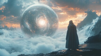 Wall Mural - A lone astronomer, wrapped in a futuristic coat, stands at the edge, watching a galaxy form inside a glass sphere on his desk