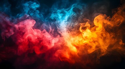 Aufkleber - An ethereal dance of vibrant smoke unfolds, a mesmerizing abstract creation blending fiery oranges, radiant reds, and cool blues in a stunning spectacle of color and form against dark backdrop.