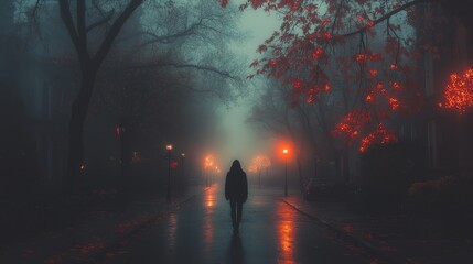 Wall Mural - A lone figure walking down an empty street on a foggy morning, with soft, muted colors blending together and creating a serene, almost dreamlike atmosphere. 