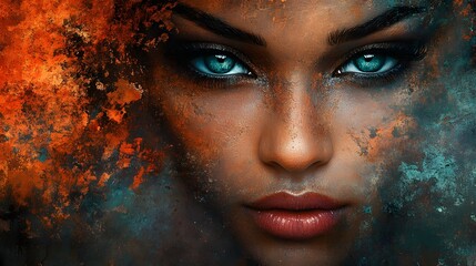 Poster - A striking abstract portrait featuring vibrant, contrasting textures around a woman's face. Evokes a sense of intrigue and mystery. Stunning visuals for creative projects and themes.