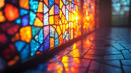 Poster - Abstract theme of vibrant glass art casting colorful reflections, creating a mesmerizing dance of light and shadow, evokes a sense of awe and wonder. Ideal for backgrounds and textures.