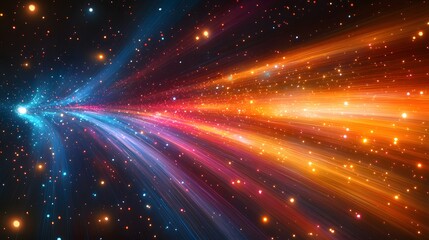 Poster - Abstract cosmic burst with glowing lines and light particles in red, orange, blue shades creating a dynamic, energetic space background for creative graphic design projects.