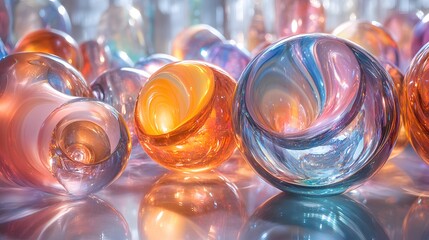 Poster - An abstract display of spherical shapes catches the light in shades of orange, blue, and pink, reflecting on a glossy surface. The artistic composition evokes a sense of wonder and beauty.