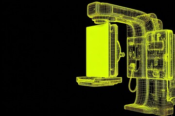 Poster - 3D wireframe design of a medical imaging machine with a bright yellow display glowing against a black background