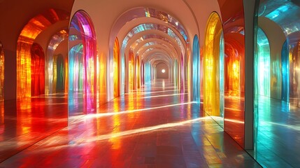 Poster - Abstract theme featuring a long corridor of arches with colorful panes reflecting light, creating a vibrant and dynamic visual space. The play of colors and light creates an immersive ambiance.