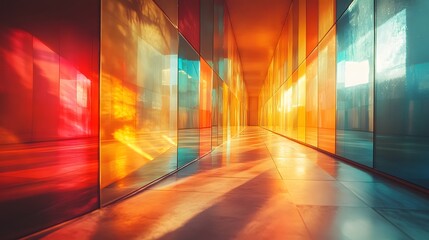 Poster - A mesmerizing abstract view of a vibrant corridor, with dynamic interplay of light and shadow. A modern design that suggests progression and energy, with a rich color palette.