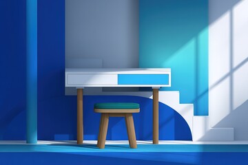 Poster - Modern minimalist desk design in vibrant blue hues showcasing geometry and light