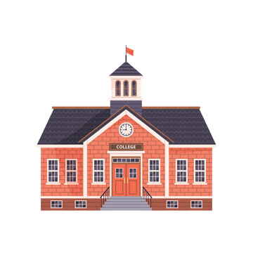 College building icon in flat style. Isolated clip art on white background. Perfect for education themes or Back to School concept. Front view. University, technical school, academy. Vector.
