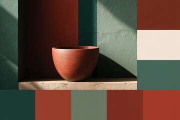 Aufkleber - Ceramic bowl placed on a stone ledge with contrasting wall colors in a sunlit interior setting