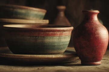 Aufkleber - Ceramic pottery displayed in warm light showcasing intricate colors and textures in an artisan studio setting