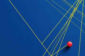 Poster - Bright red ball resting on a blue surface with intersecting yellow lines creating dynamic patterns