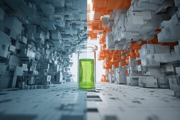 Poster - Unique glass jar with green liquid surrounded by colorful abstract structures in a digital environment