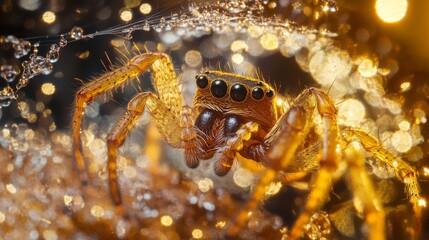 A macro shot of a spider's intricate web, where the fine silk threads sparkle with dew drops and the spider itself lurks in the shadows.
