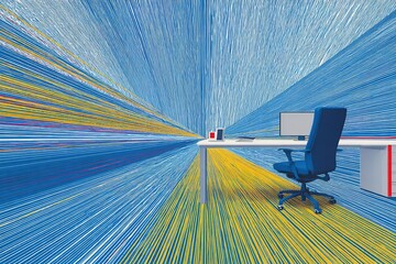 Poster - Colorful abstract office space with vibrant lines converging toward a desk and chair setup