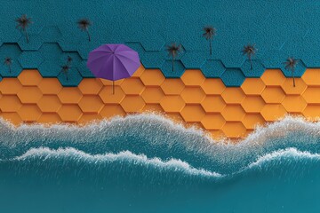 Poster - Colorful abstract beach scene with hexagonal patterns and a purple umbrella by the turquoise waves