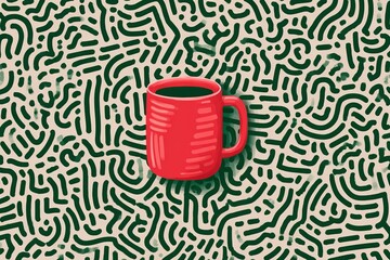 Poster - Bright red mug stands out against intricate green and beige abstract background design