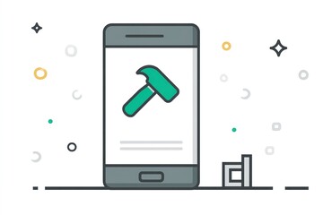 Poster - Mobile application showcasing a hammer illustration on a smart device screen with colorful background elements