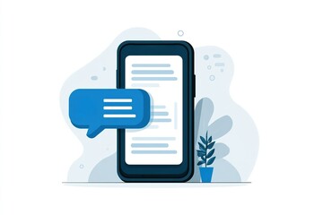 Poster - Mobile phone displaying messages against a light background with a small plant, symbolizing digital communication in everyday life