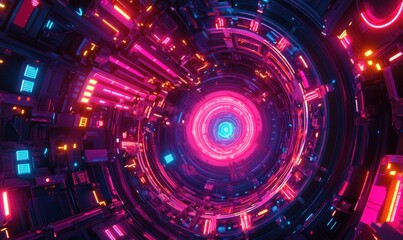 Poster - Neon tunnel, vibrant lights, futuristic travel, abstract background, digital art