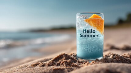 Poster - Bright blue drink garnished with orange sits on soft sand, evoking the essence of summer relaxation. Gentle waves lap at the shore as the sun shines brightly overhead