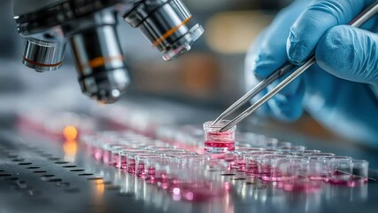Poster - A scientist uses tweezers to handle glass vials containing pink fluid beneath a microscope in a modern laboratory setting