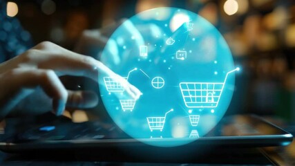 Poster - Hands Interacting with Digital Shopping Icons on Tablet Displaying E-commerce Concept and Online Retail Technology 4k video footage