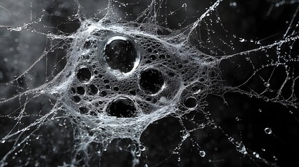 Poster - Abstract theme showing glistening water droplets clinging to a delicate cobweb against a stark, dark backdrop. The interplay of light and shadow creates an ethereal, artistic view.