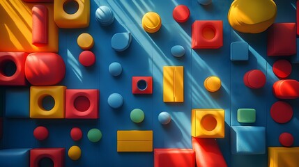 Poster - A vibrant abstract background with geometric shapes creates a playful and dynamic visual. The primary colors and shadows add depth and character, ideal for versatile designs and concepts.