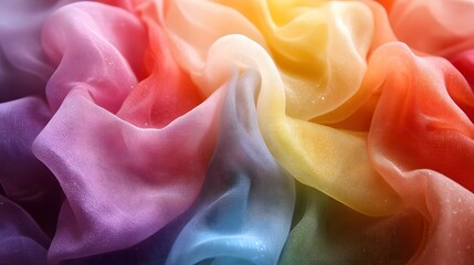 Poster - An abstract theme of multicolored chiffon fabric, gracefully draped to create soft, flowing shapes. The light and airy texture enhances the spectrum of vibrant rainbow hues, perfect for backgrounds.