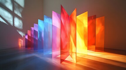 Poster - Abstract theme featuring a mesmerizing array of vibrant glass panels, from cool blues and purples to warm reds and oranges, bathed in soft, natural light, creating spectrum.