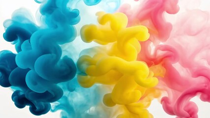Poster - Colorful Smoke Swirls in Blue, Pink, Yellow, and Teal Against a White Background