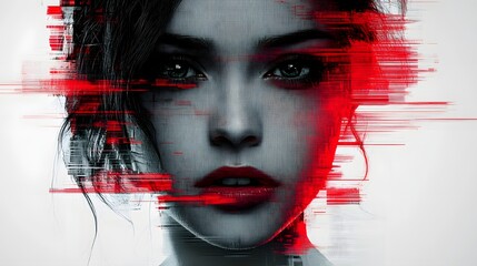 Poster - A captivating abstract art piece showcasing a woman's face with glitch effects and red accents; a blend of beauty and digital distortion, providing a contemporary artistic feel. Abstract Theme.