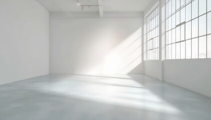 Poster - A bright, empty white room with large industrial windows and sunlight streaming in onto the floor.