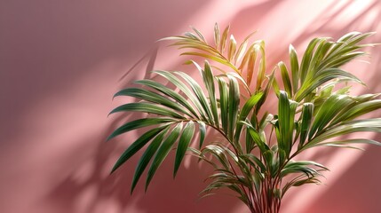 Aufkleber - Lush green palm leaves stand out vividly against a smooth pastel pink backdrop, illuminated by natural sunlight, creating a refreshing and calming atmosphere