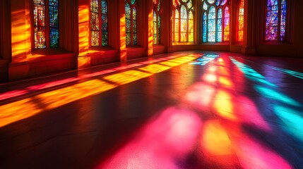 Poster - Abstract theme featuring striking beams of multicolored light filtering through stained glass windows, creating vibrant patterns on the floor. The interplay of light and color evokes spirituality.