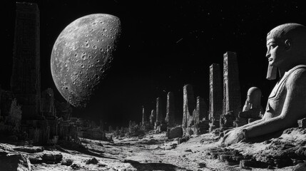 Wall Mural - A moon with no atmosphere, where the surface is filled with ancient ruins and enormous, metallic statues staring into the void of space.