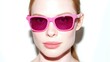 © Marina - portrait of fashionable woman in pink sunglasses on white background with harsh studio lighting