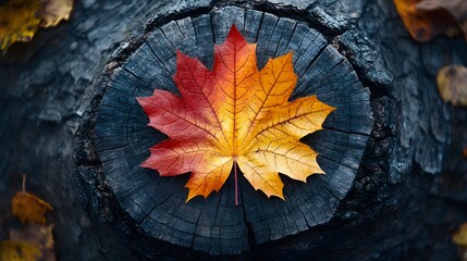 Poster - Vibrant maple leaf transitions from red to yellow resting on a dark wood surface, presenting an abstract and artistic composition suitable for autumn, nature, or seasonal themes.
