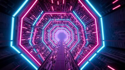 Poster - Futuristic Neon Corridor with Hexagonal Pattern and Vibrant Lights in Dark Space Environment