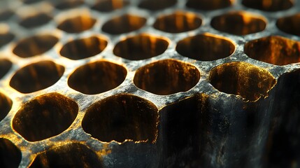 Fototapete - A macro shot of a metallic honeycomb structure, illuminated by a golden light, creating a striking contrast. This abstract image presents a pattern and texture-rich background.