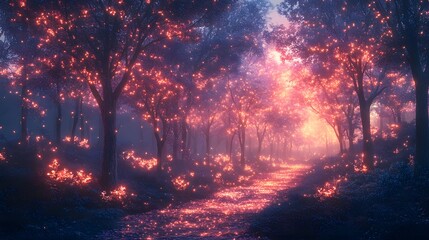 Aufkleber - Enchanting forest scene featuring an abstract theme, illuminated with ethereal lights and soft focus, evoking a sense of wonder and magic, with the warm glow contrasting with the cool tones.