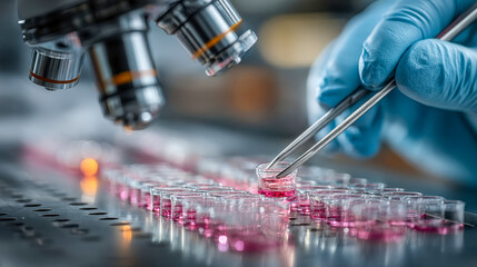 Poster - A scientist uses tweezers to handle glass vials containing pink fluid beneath a microscope in a modern laboratory setting