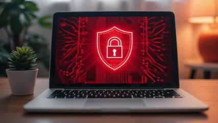 Poster - Digital Security Concept with Shield and Lock Icon on Laptop Screen in Modern Home Setup