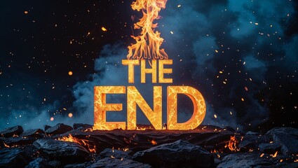 Dramatic glowing “The End” typography set on charred rocky surface with blazing fire and swirling smoke trails, embers drifting in dark cinematic background

